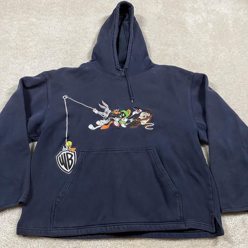 VTG Warner Bros Studio Store Hoodie Mens L Navy Looney Tunes Embroidered 90s
